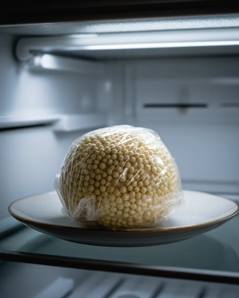 Wrapped cheese ball chilling in the fridge for at least 2 hours until firm