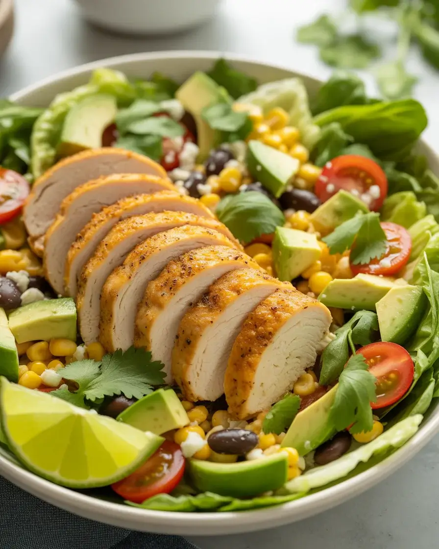 Zesty southwest chicken salad with cumin-spiced chicken, charred corn, avocado, and cumin-lime dressing
