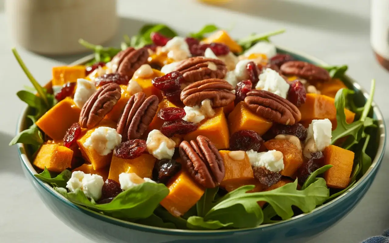 Autumn delight salad with roasted squash, candied pecans, and maple Dijon vinaigrette - a stunning fall side dish.