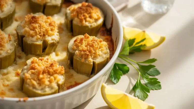 Baked artichoke hearts with crispy parmesan breadcrumb topping, ready in 25 minutes.