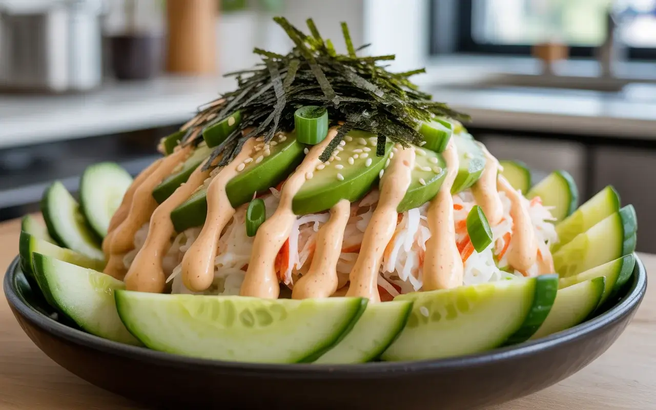 California roll cucumber salad with spicy mayo, imitation crab, and avocado - all the sushi flavors in 20 minutes.