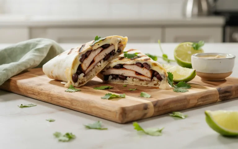 Chipotle ranch grilled chicken burrito sliced to show smoky chicken, rice, and beans layered inside.
