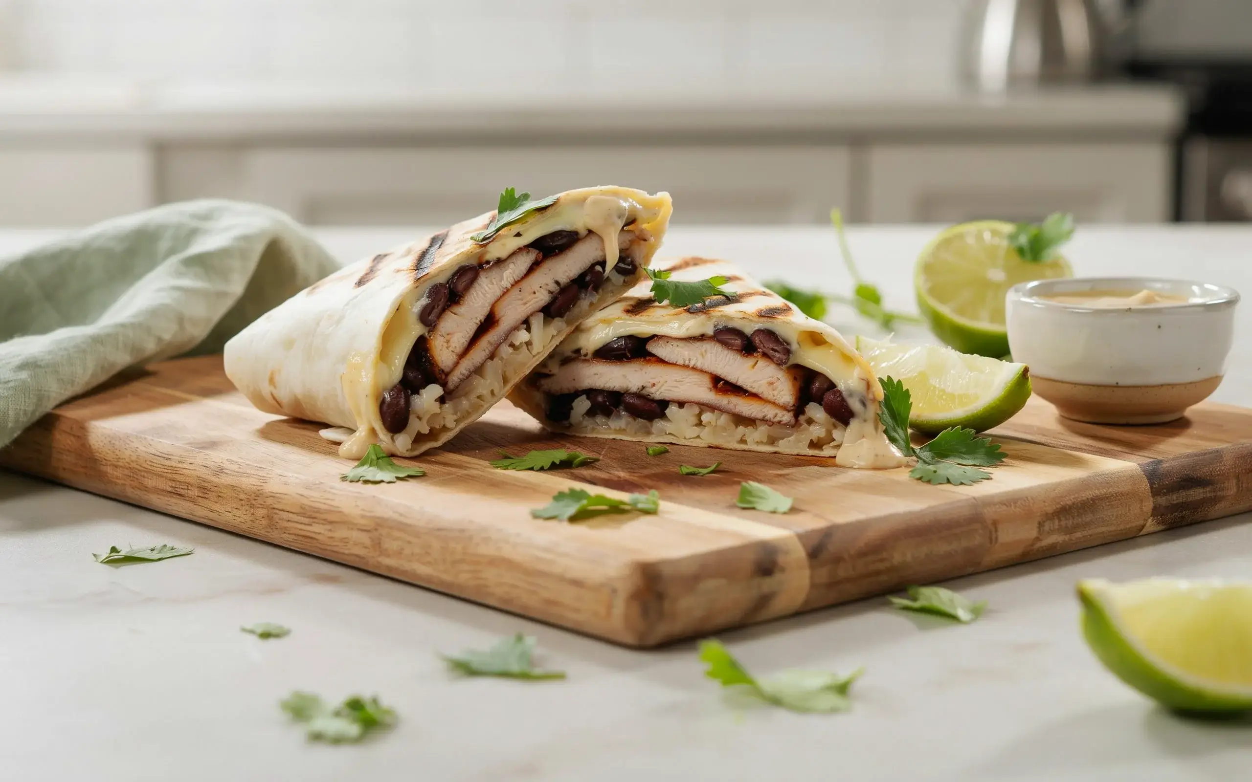 Chipotle ranch grilled chicken burrito sliced to show smoky chicken, rice, and beans layered inside.