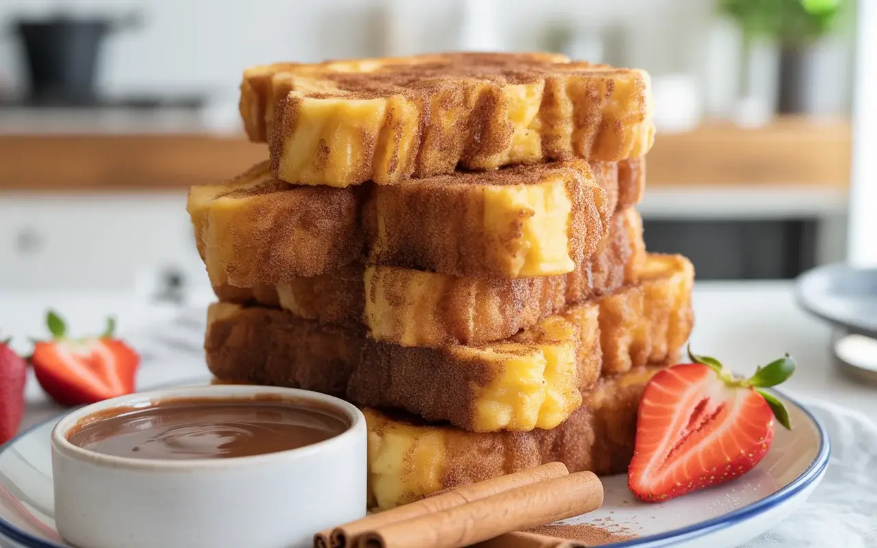 Churro French toast with a crispy cinnamon sugar crust and warm chocolate dipping sauce - breakfast never looked this good.