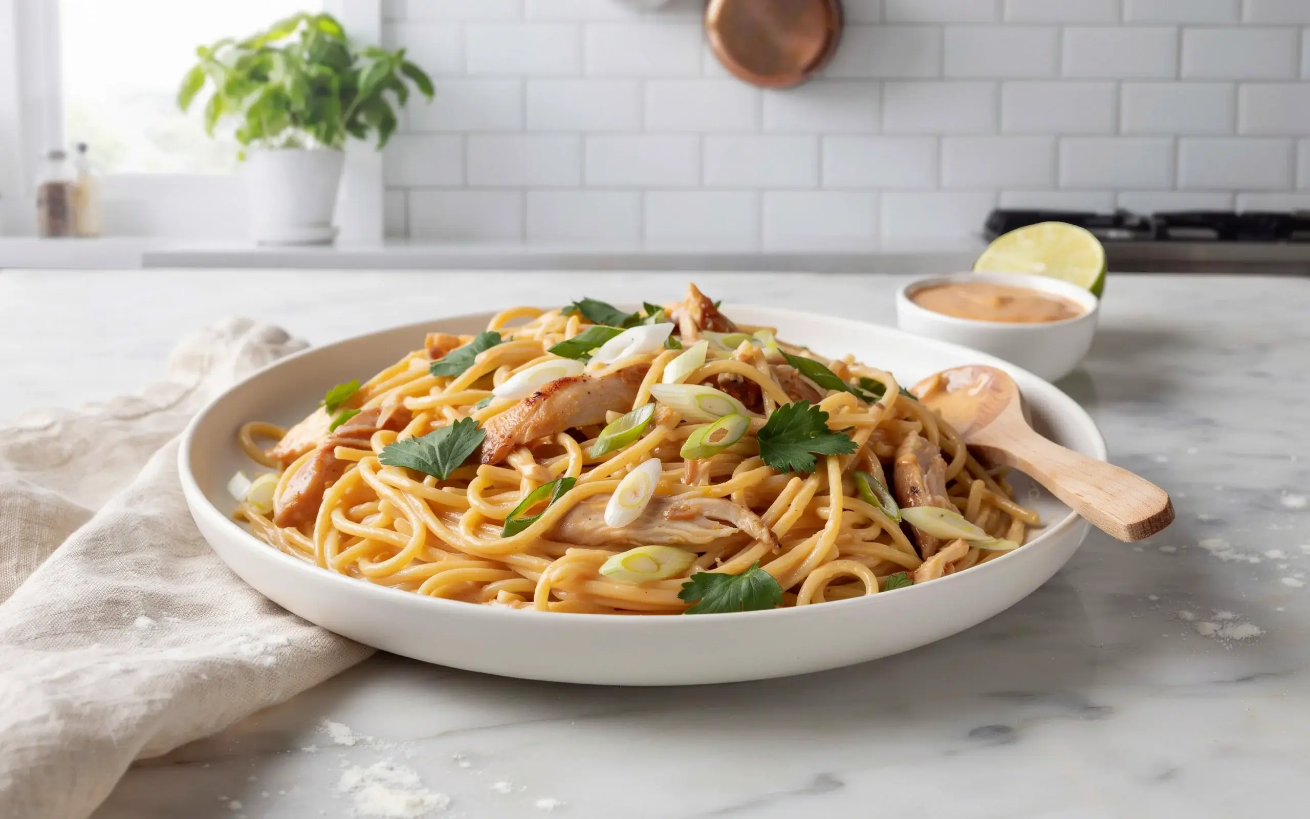 Creamy bang bang chicken spaghetti topped with green onions and cilantro, ready in 30 minutes.