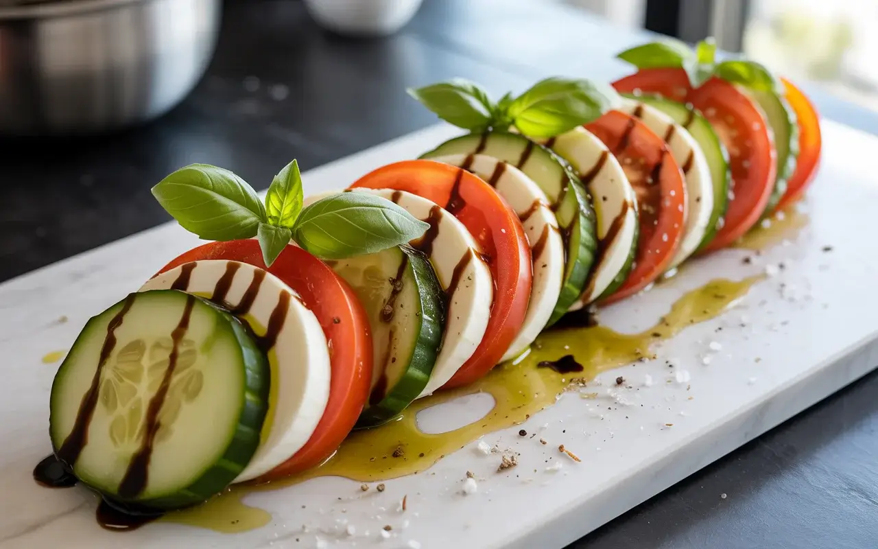 Cucumber caprese salad with fresh mozzarella, ripe tomatoes, and balsamic glaze - a 15-minute Italian classic with a twist.