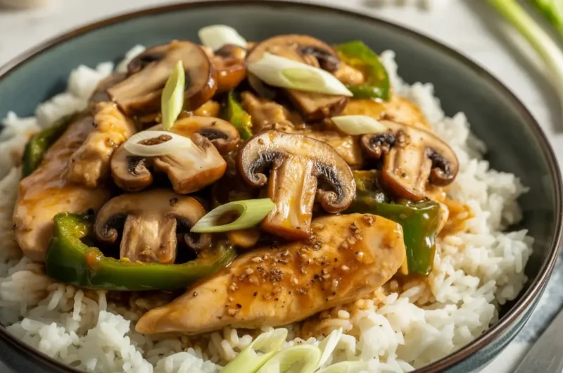 Glossy black pepper chicken with mushrooms over steamed rice, a bold stir-fry ready in 25 minutes.