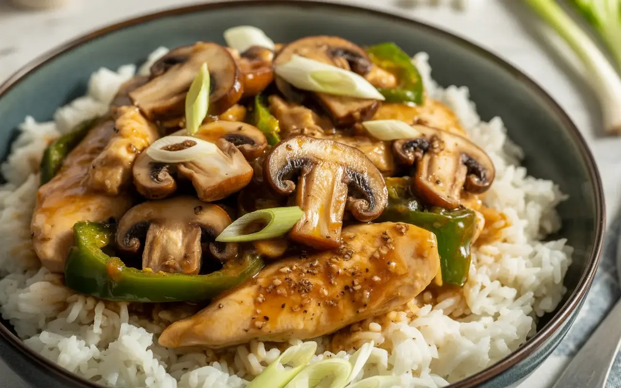 Glossy black pepper chicken with mushrooms over steamed rice, a bold stir-fry ready in 25 minutes.