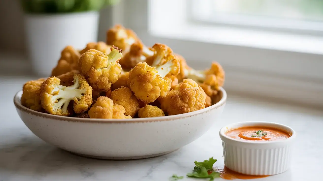 Golden crispy cauliflower bites with panko crust, served with buffalo dipping sauce.