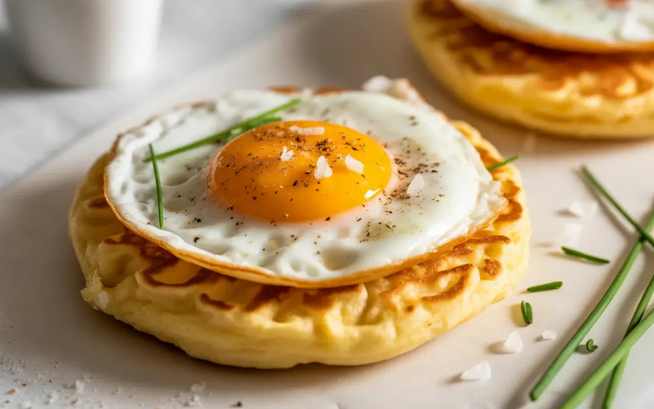 Golden eggy crumpets topped with a perfectly runny sunny-side egg
