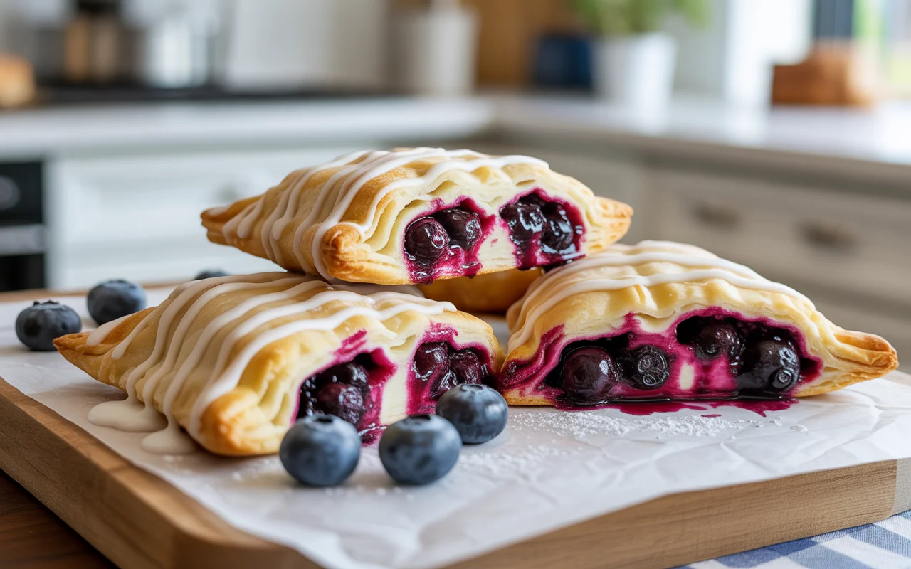 Golden flaky blueberry turnovers with jammy filling and powdered sugar glaze, ready in under an hour.