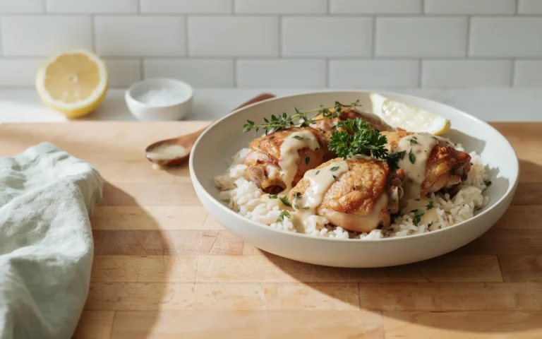 Golden herb chicken thighs in silky cream sauce over fluffy basmati rice, comfort dinner in 35 minutes.