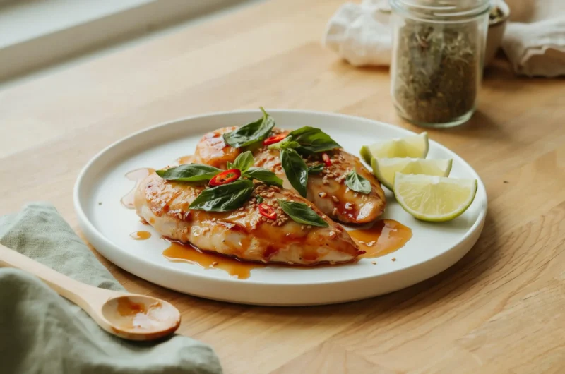 Juicy mango basil chicken with golden glaze and fresh herbs, a tropical dinner ready in 25 minutes.