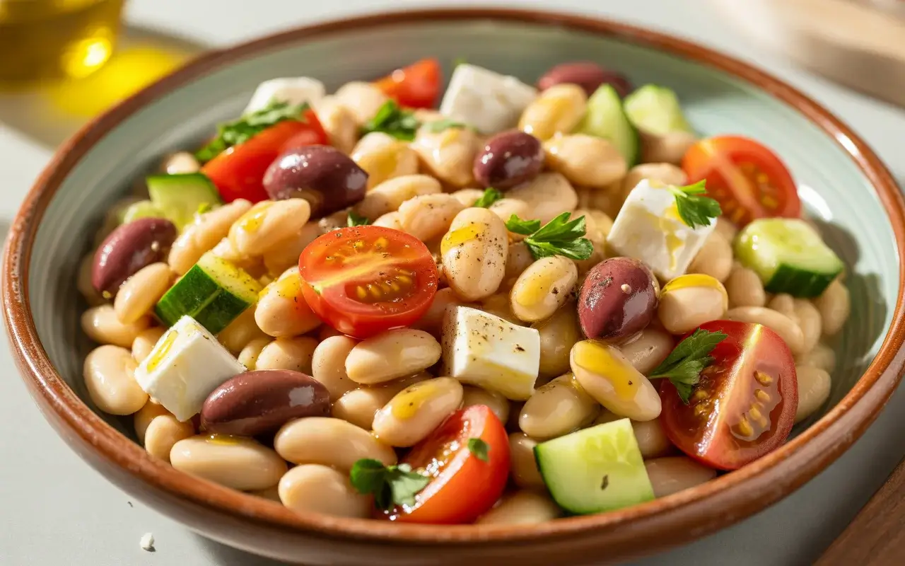 Mediterranean white bean salad with feta, olives, and lemon dressing - a hearty 15-minute meal ready for any day.