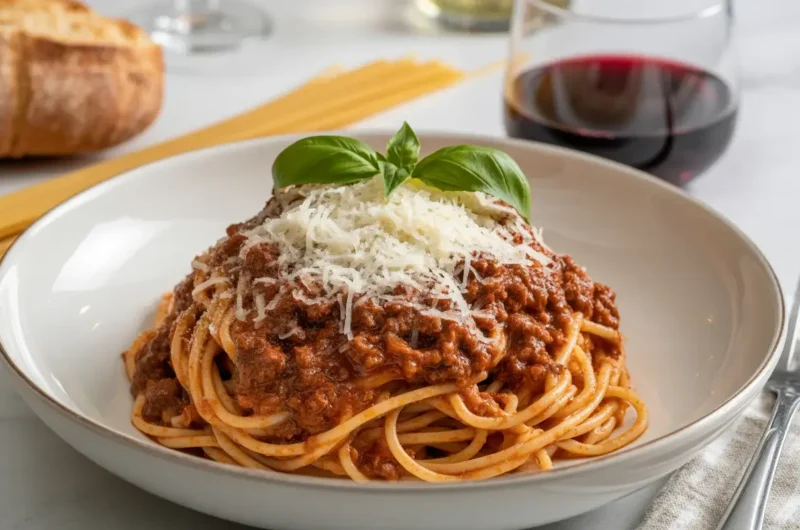 Old fashioned spaghetti with slow-simmered meat sauce and fresh Parmesan, a comforting family classic.