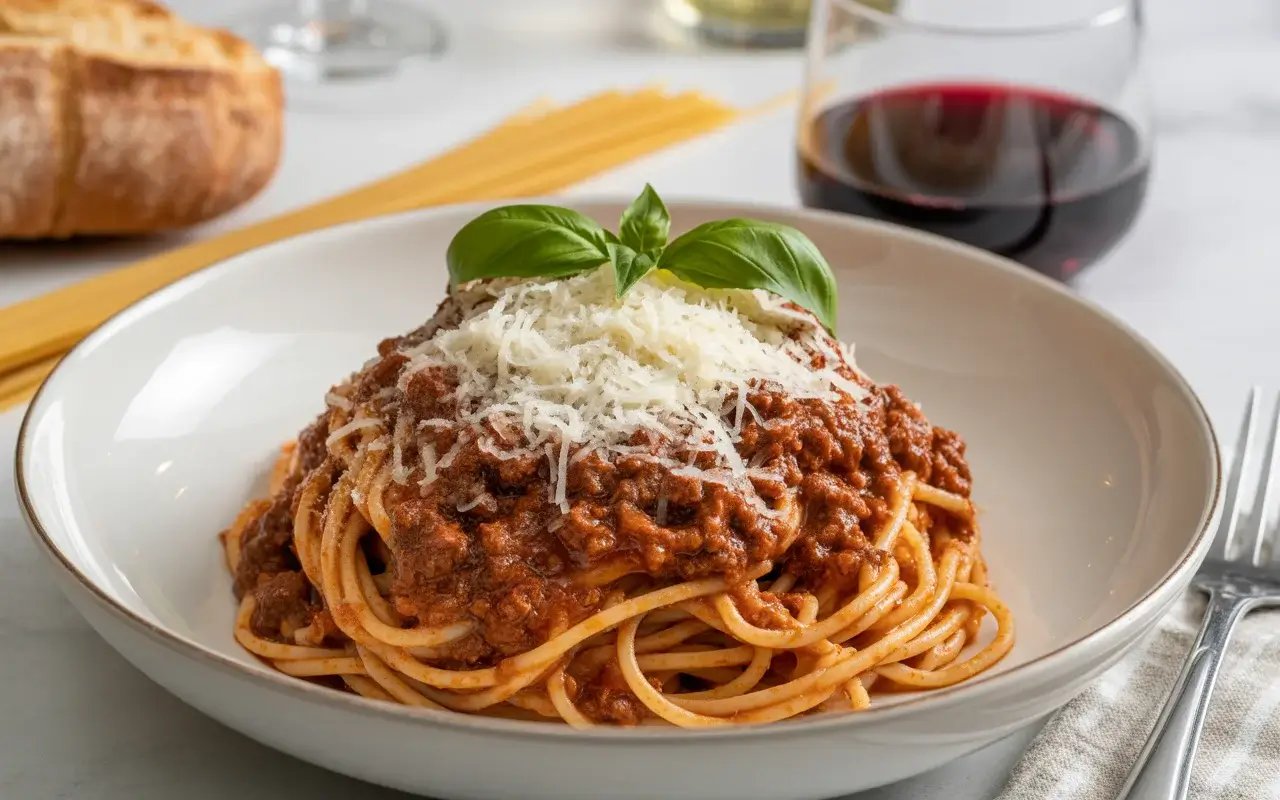 Old fashioned spaghetti with slow-simmered meat sauce and fresh Parmesan, a comforting family classic.