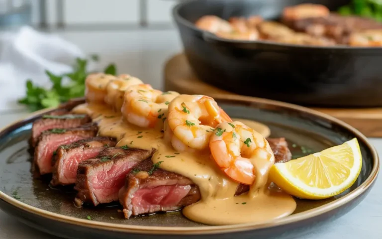 Seared ribeye steak topped with Cajun shrimp and creamy golden sauce, a restaurant-worthy dinner at home.