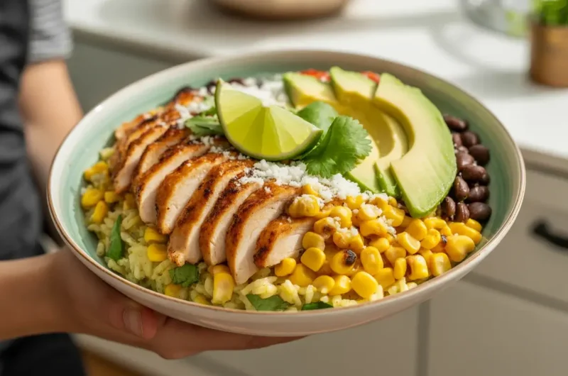 Smoky street corn chicken rice bowl with cilantro lime rice, cotija, and avocado in 30 minutes.