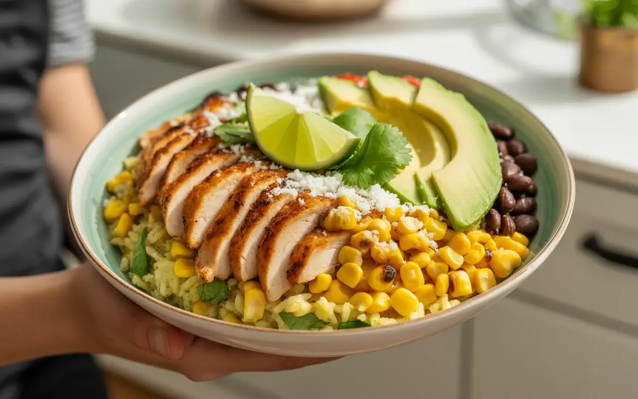 Smoky street corn chicken rice bowl with cilantro lime rice, cotija, and avocado in 30 minutes.