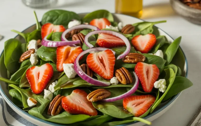 Spinach strawberry salad with toasted pecans, goat cheese, and honey balsamic dressing - ready in just 20 minutes.