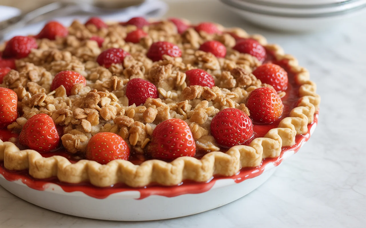 Streusel topped fresh strawberry pie with a buttery oat crumble and glossy berry filling - summer dessert perfection.